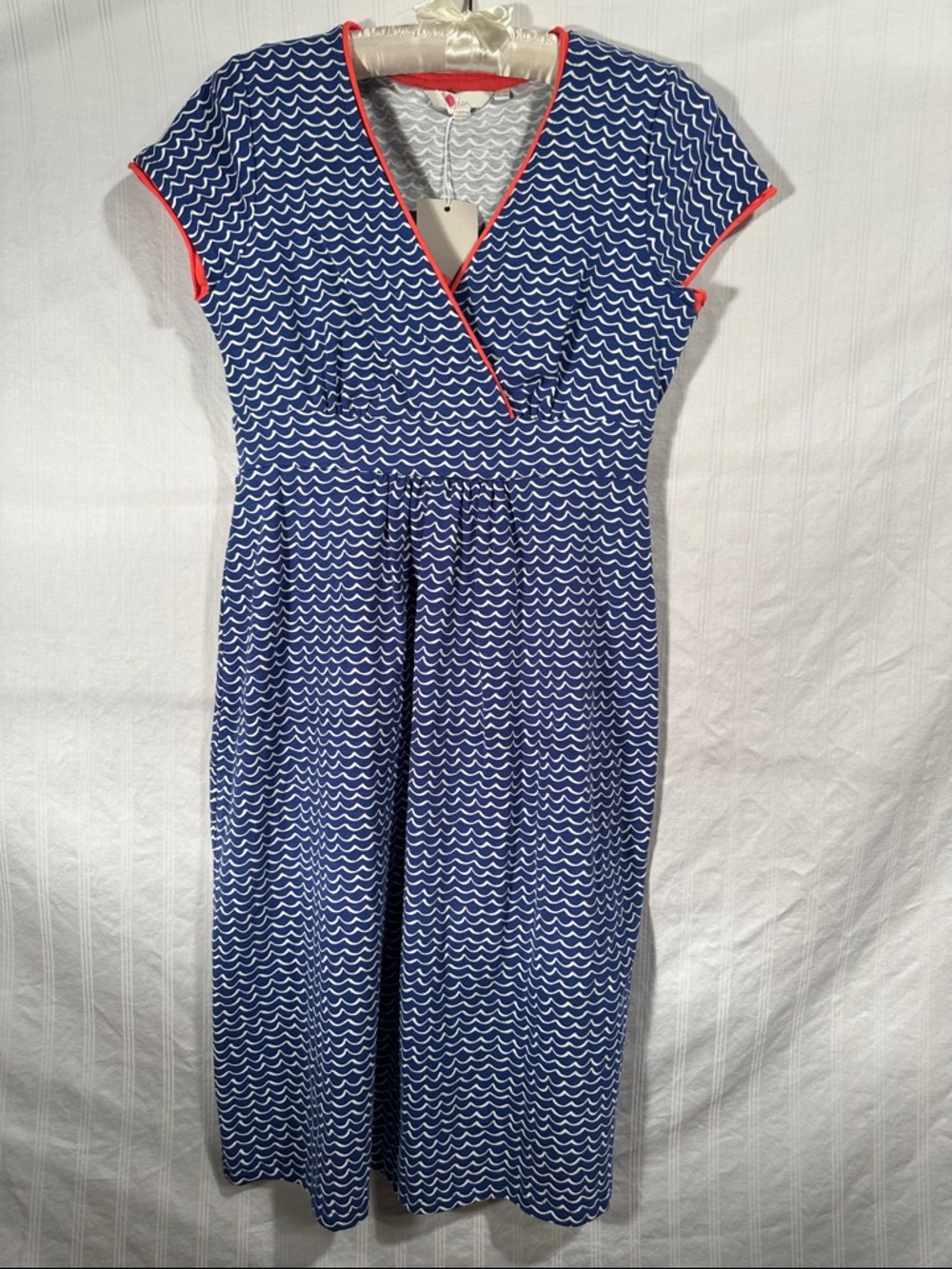 Boden Blue Wave-Print Midi Dress with Coral Trim